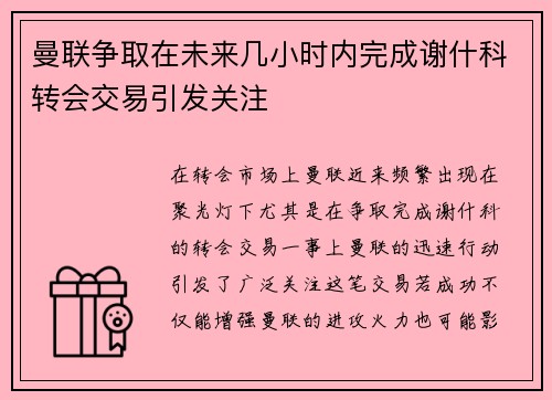 曼联争取在未来几小时内完成谢什科转会交易引发关注 曼联争取在未来几小时内完成谢什科转会交易引发关注